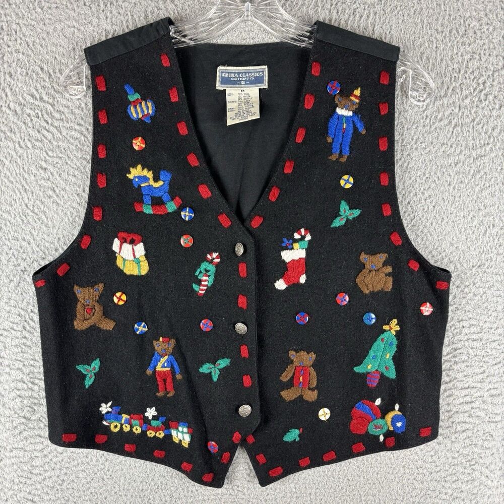 Vintage Erika Vest Women's Medium Black Multicolor Button Front Wool Christmas